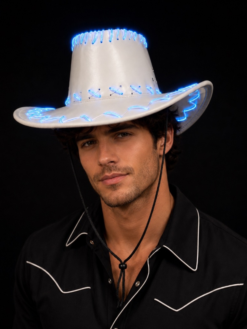 Unisex White Light Up Cowboy Hat with Blue LED Lights Western Party Costume Hat